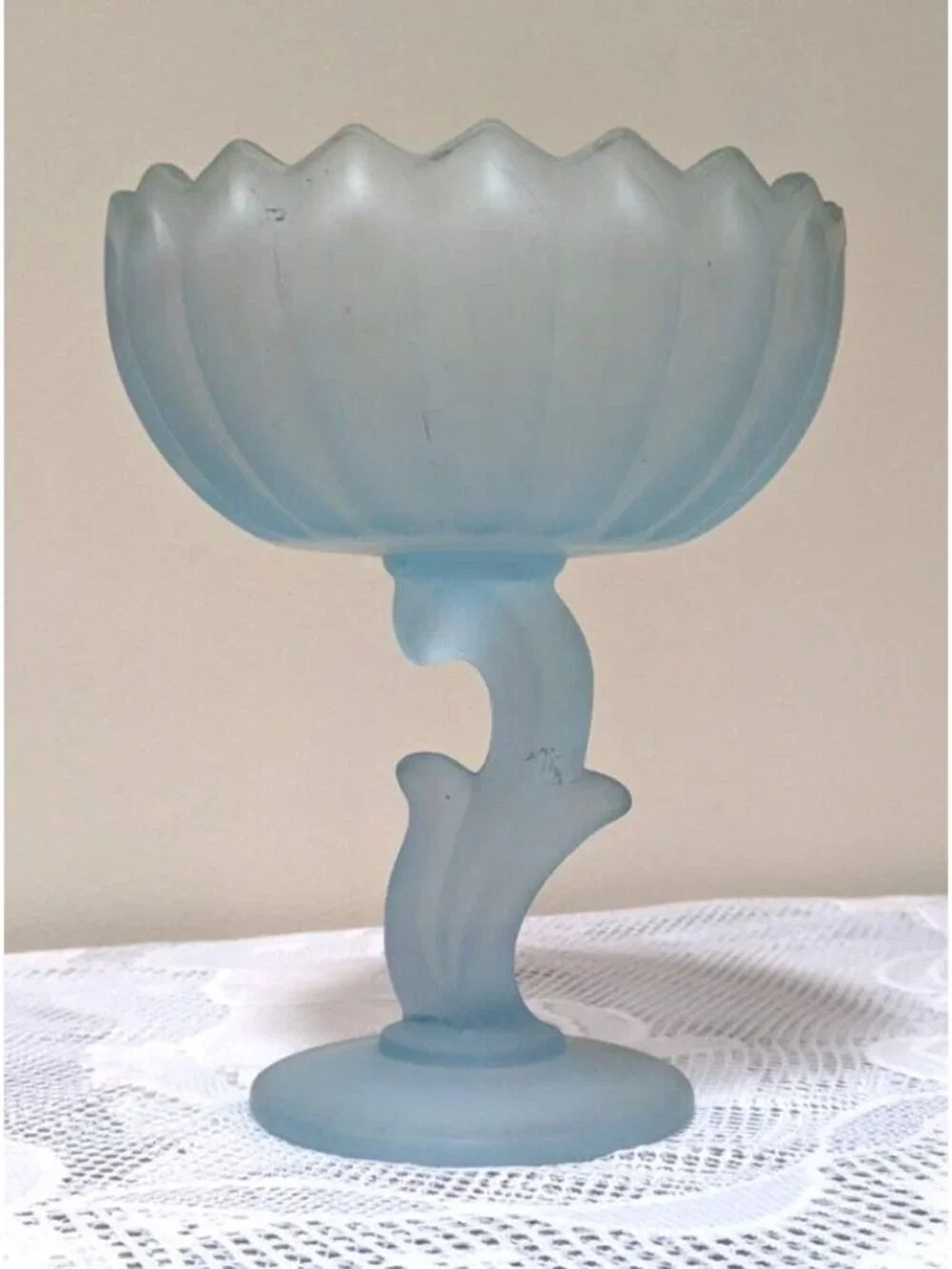Indiana Glass Compote Frosted Satin Blue Lotus Blossom Pedestal Bowl 7.5